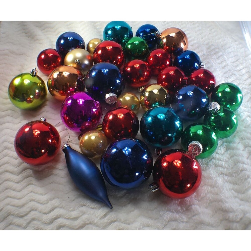 Vintage - Now Shiny Glass Christmas Ornaments Round Muli Color Lot of 31 - READ